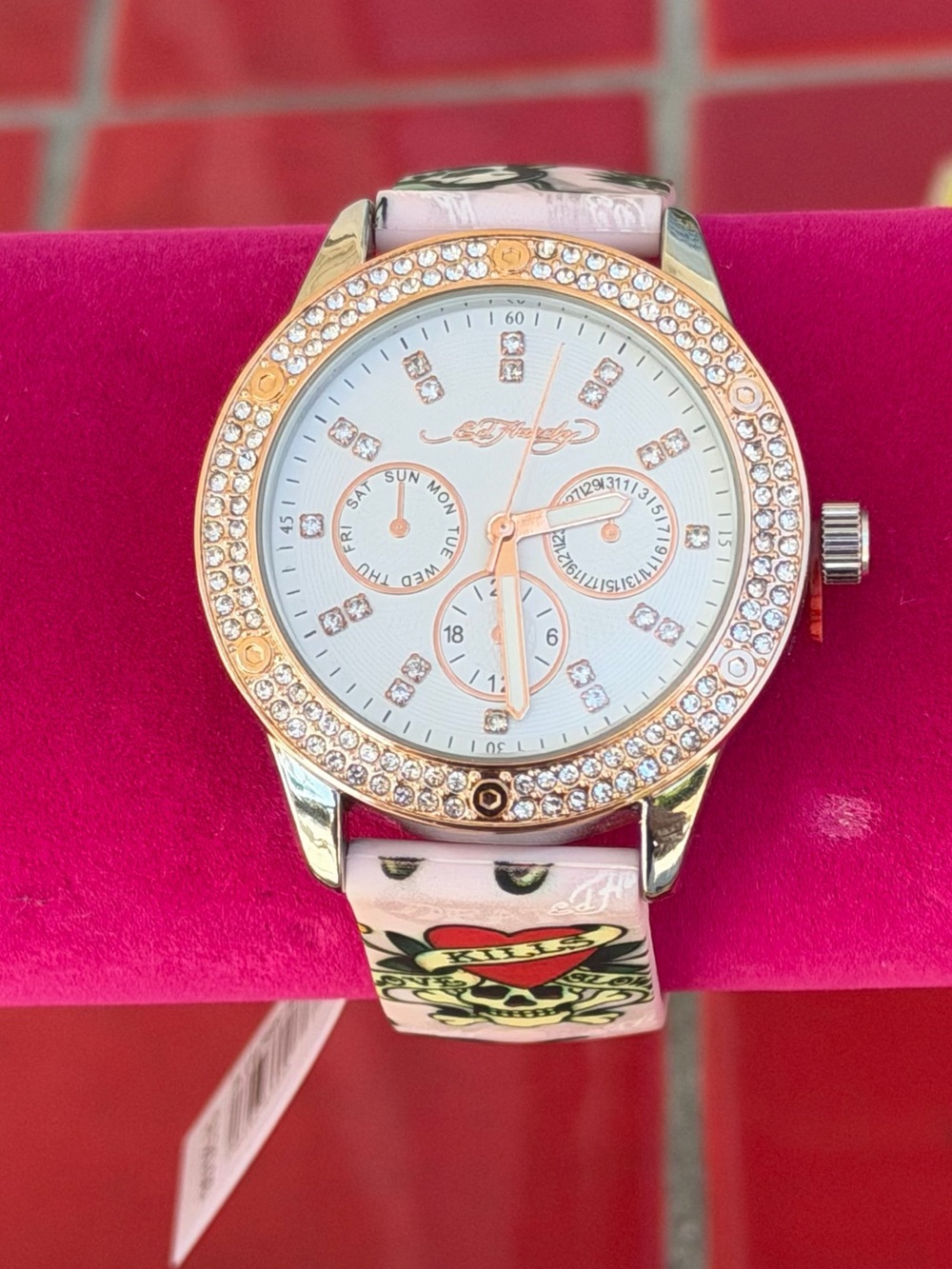 Ed Hardy Women’s Rose Gold Crystal Accent Watch with Pink Floral Strap NWT